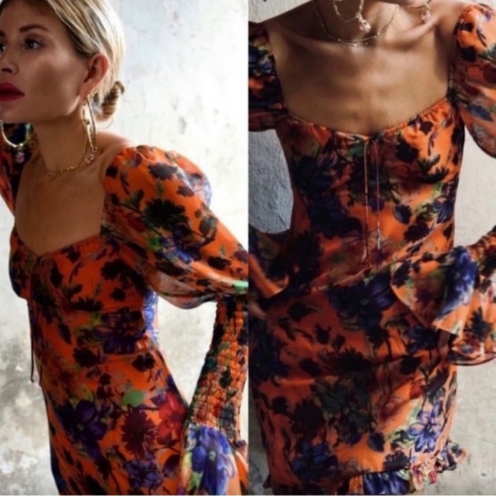 Rat and Boa Floral Orange Dress with Puff Sleeves